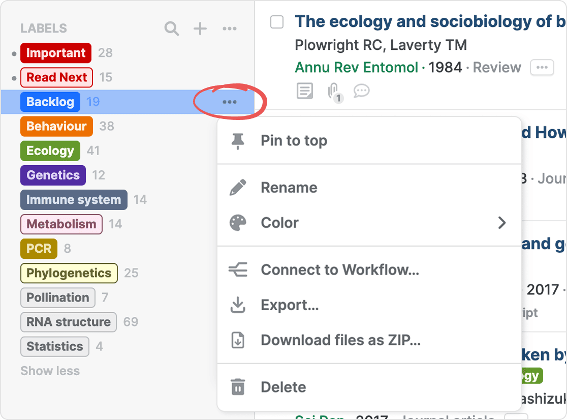 A label’s circled three-dot menu in the sidebar, open on Pin to top, Rename, Color, “Connect to Workflow…”, Export…, “Download files as ZIP…” and Delete.
